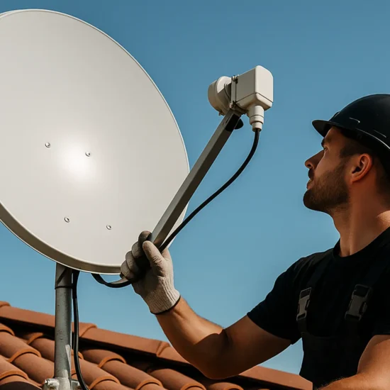 técnico instalando antena parabólica