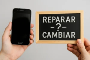reparar o cambiar. Imagen de una mano sujetando un móvil roto y otra mano sujetando un cartel con la duda de si reparar o cambiar