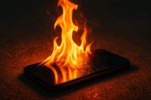 teléfono en llamas, sobrecalentado