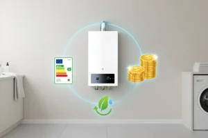 Infografía sobre eficiencia energética, ahorro económico y sostenibilidad en calderas 2025