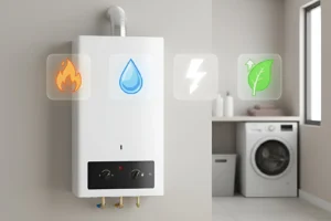 Caldera en coladuría con iconos holográficos que representan los tipos de calderas disponibles en 2025: gas, condensación, eléctrica e híbrida.